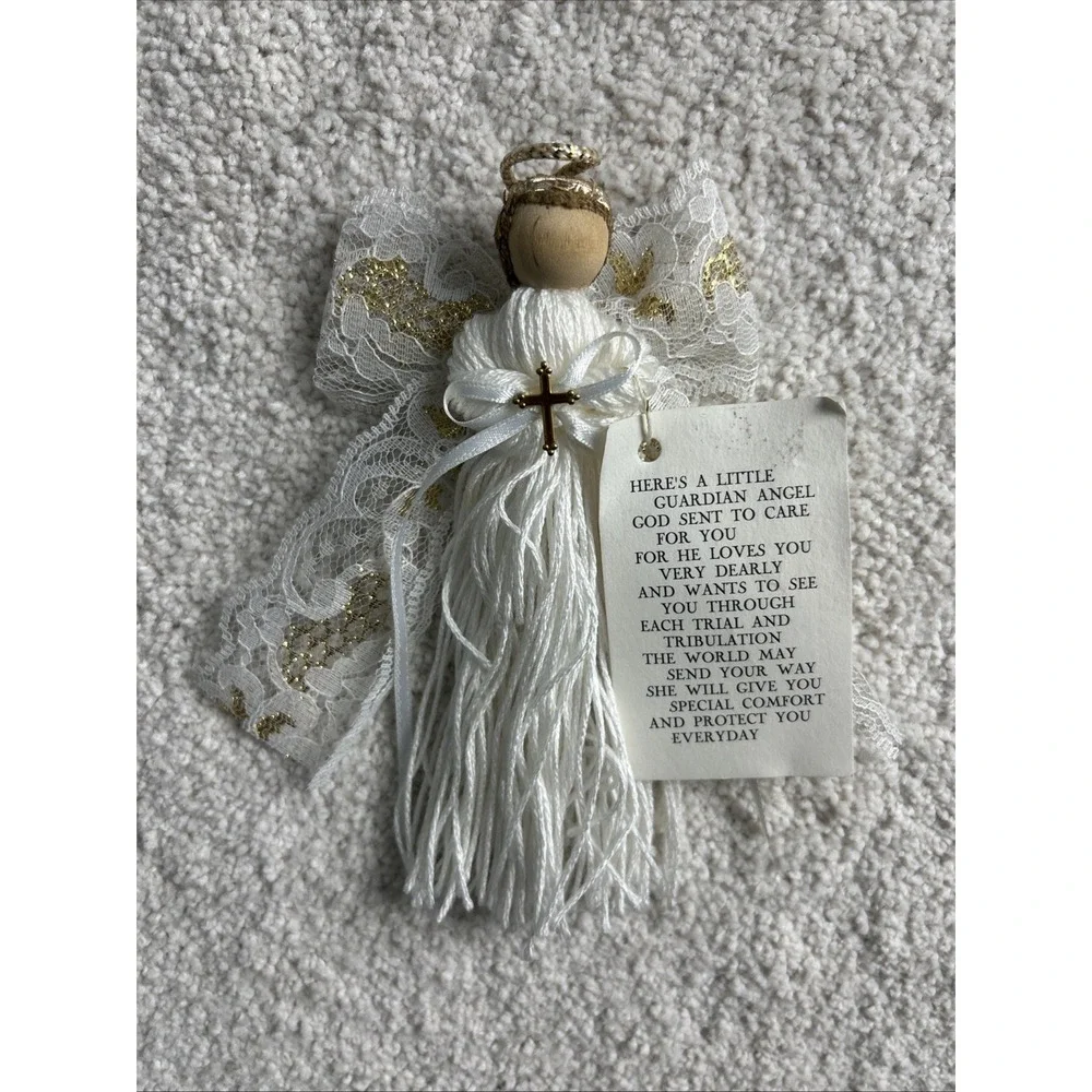 Handcrafted Ornament Cross Guardian Angels White Fur 6